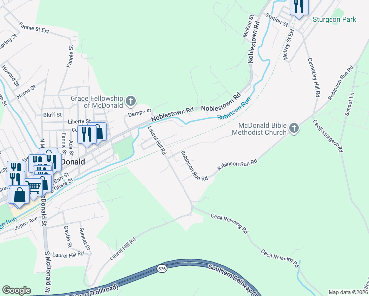 map of restaurants, bars, coffee shops, grocery stores, and more near 301 Record Avenue in McDonald