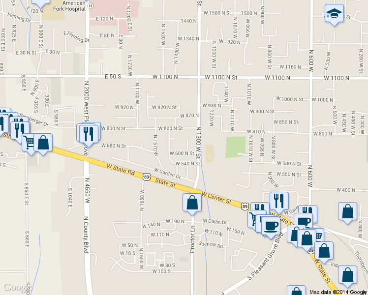 map of restaurants, bars, coffee shops, grocery stores, and more near 621 North 1370 West in Pleasant Grove