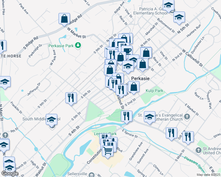 map of restaurants, bars, coffee shops, grocery stores, and more near 213 South 5th Street in Perkasie