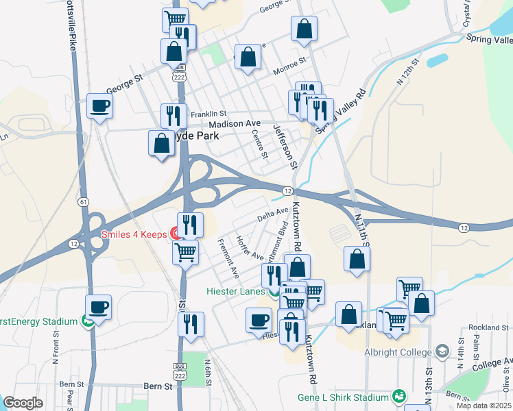 map of restaurants, bars, coffee shops, grocery stores, and more near 210 Columbia Avenue in Reading
