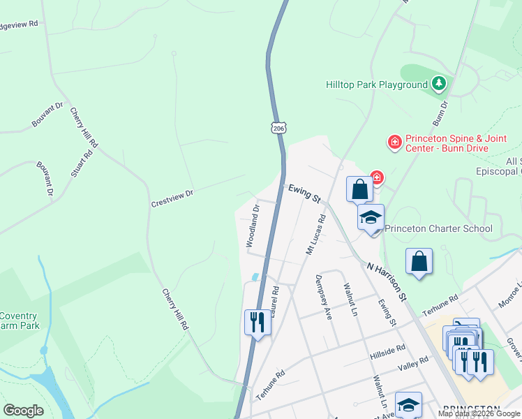 map of restaurants, bars, coffee shops, grocery stores, and more near 59 Woodland Drive in Princeton