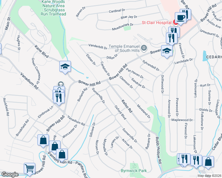 map of restaurants, bars, coffee shops, grocery stores, and more near 506 Kelso Rd in Pittsburgh