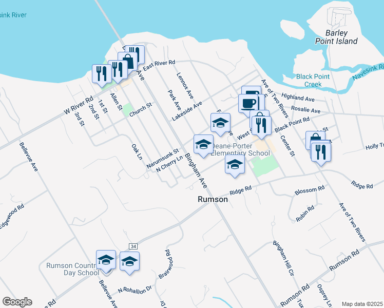 map of restaurants, bars, coffee shops, grocery stores, and more near 107 Bingham Avenue in Rumson