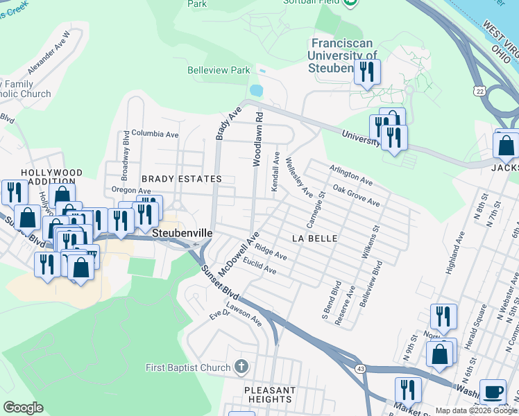 map of restaurants, bars, coffee shops, grocery stores, and more near 518 Woodlawn Road in Steubenville