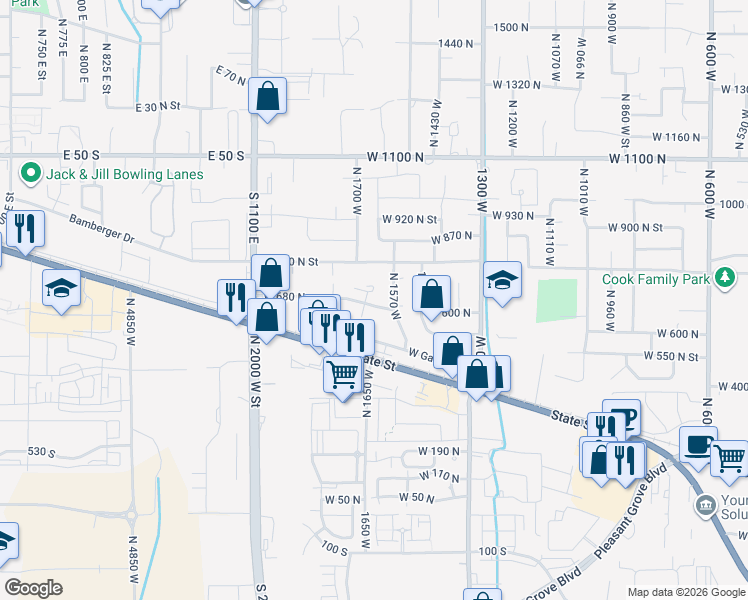 map of restaurants, bars, coffee shops, grocery stores, and more near 1678 West 680 North in Pleasant Grove