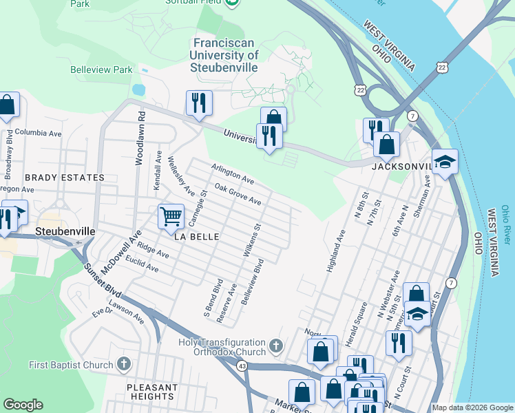map of restaurants, bars, coffee shops, grocery stores, and more near 1218 Oak Grove Avenue in Steubenville