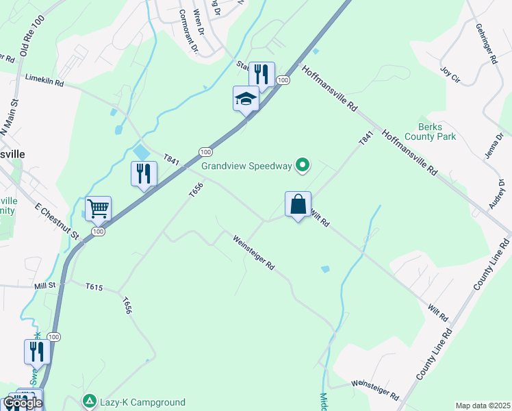 map of restaurants, bars, coffee shops, grocery stores, and more near 121 Passmore Road in Bechtelsville