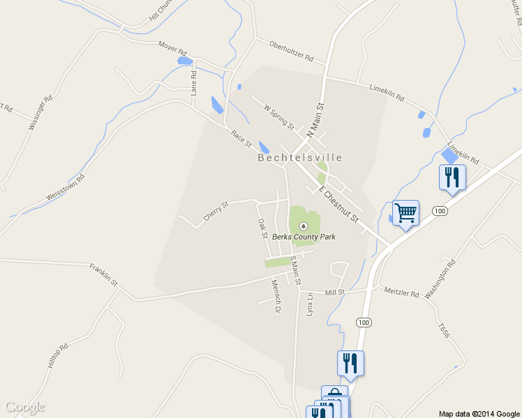 map of restaurants, bars, coffee shops, grocery stores, and more near 24 Cherry Street in Bechtelsville
