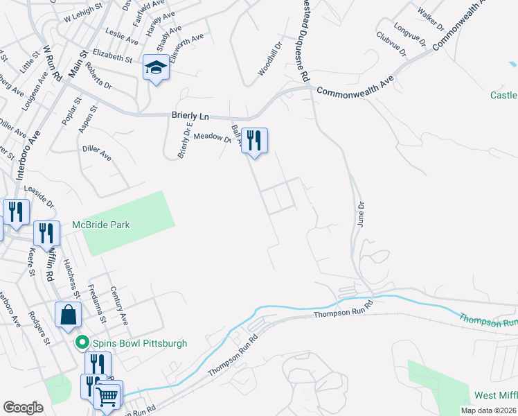 map of restaurants, bars, coffee shops, grocery stores, and more near 5020 Ball Avenue in West Mifflin