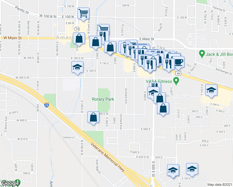 map of restaurants, bars, coffee shops, grocery stores, and more near 291 South 300 East in American Fork