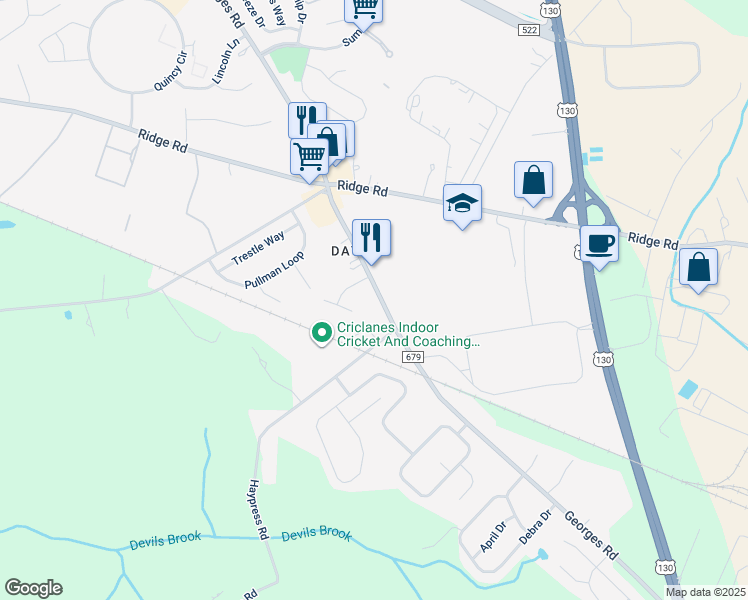 map of restaurants, bars, coffee shops, grocery stores, and more near 315 Georges Road in South Brunswick Township