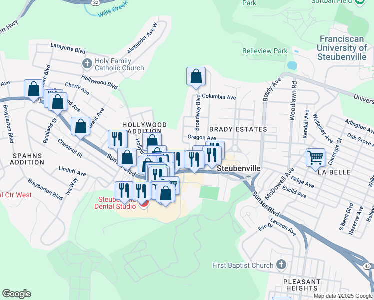 map of restaurants, bars, coffee shops, grocery stores, and more near 631 Jeanette Avenue in Steubenville