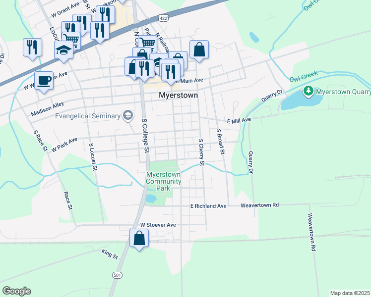 map of restaurants, bars, coffee shops, grocery stores, and more near 4 East Maple Avenue in Myerstown