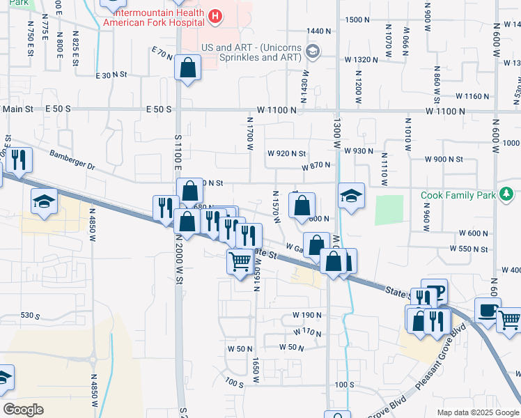 map of restaurants, bars, coffee shops, grocery stores, and more near 1636 West 680 North in Pleasant Grove