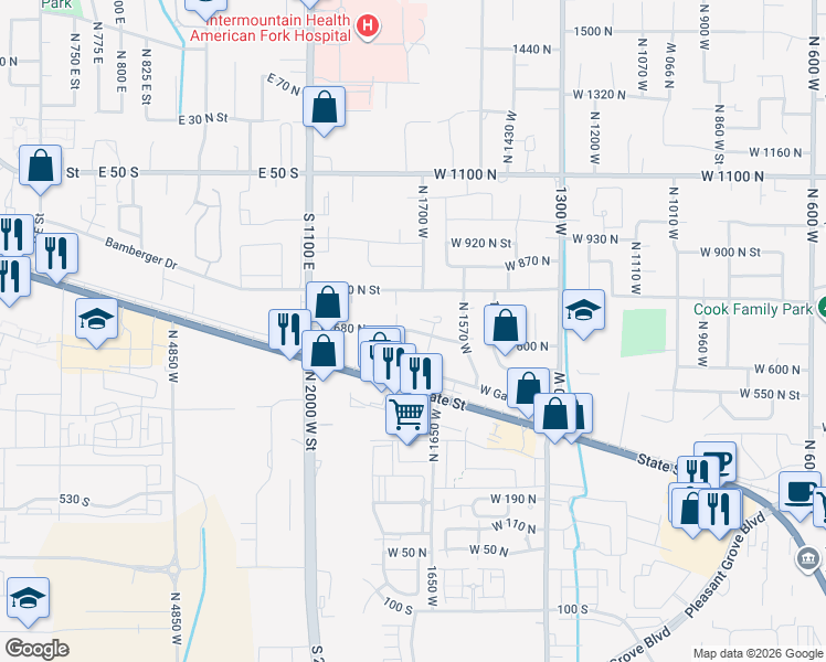 map of restaurants, bars, coffee shops, grocery stores, and more near 1772 West 680 North in Pleasant Grove