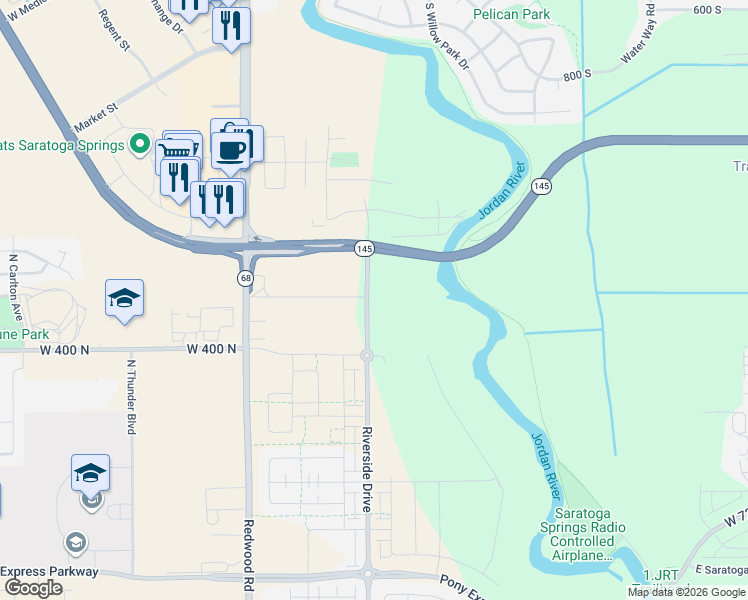 map of restaurants, bars, coffee shops, grocery stores, and more near Pioneer Crossing in Lehi