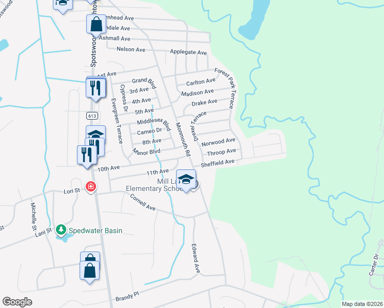 map of restaurants, bars, coffee shops, grocery stores, and more near 102 Monmouth Road in Monroe Township