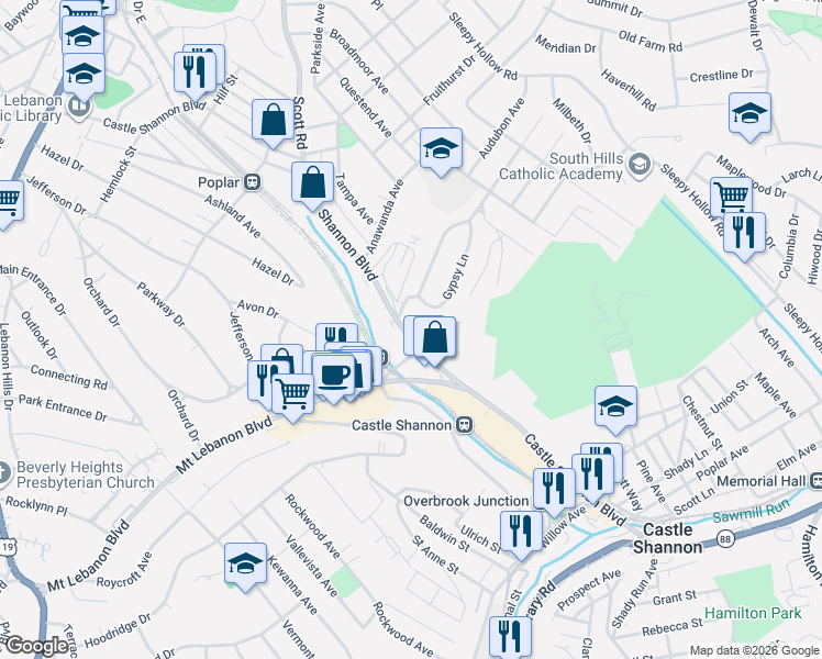 map of restaurants, bars, coffee shops, grocery stores, and more near 521 Castle Shannon Boulevard in Pittsburgh