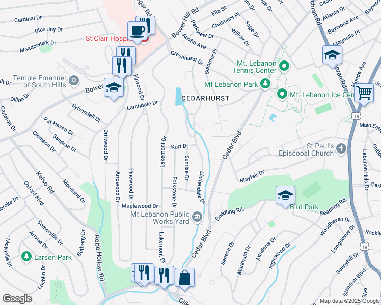 map of restaurants, bars, coffee shops, grocery stores, and more near 1104 Lindendale Drive in Pittsburgh