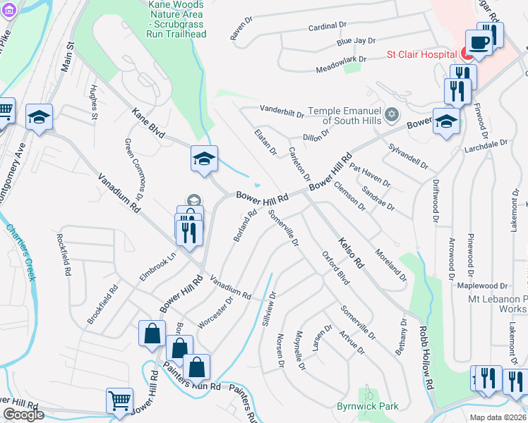 map of restaurants, bars, coffee shops, grocery stores, and more near 408 Somerville Drive in Pittsburgh