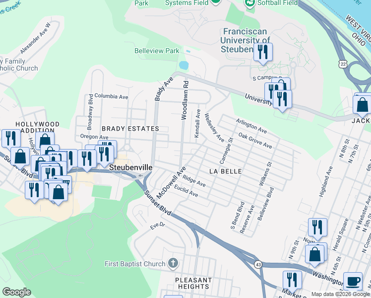 map of restaurants, bars, coffee shops, grocery stores, and more near 518 Woodlawn Road in Steubenville
