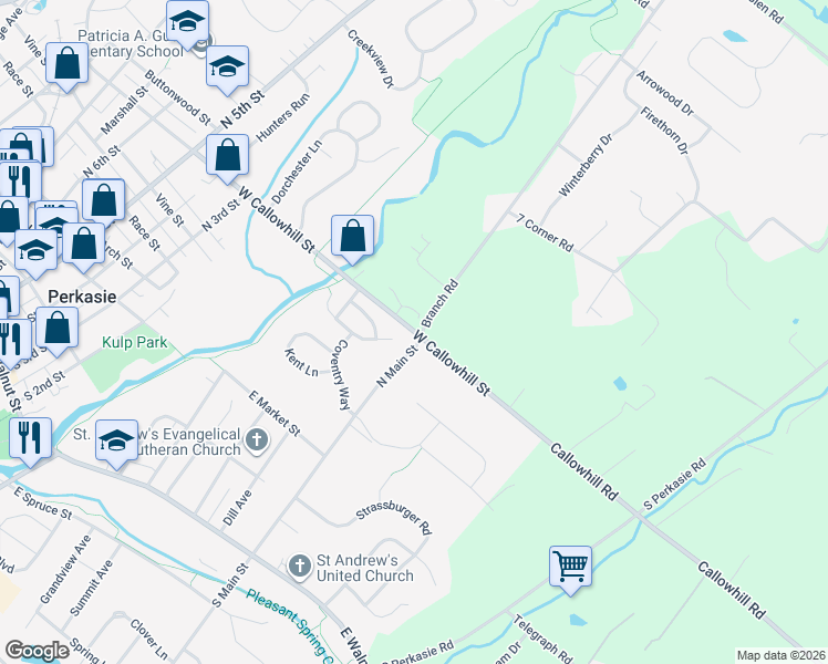 map of restaurants, bars, coffee shops, grocery stores, and more near 114 West Callowhill Street in Perkasie