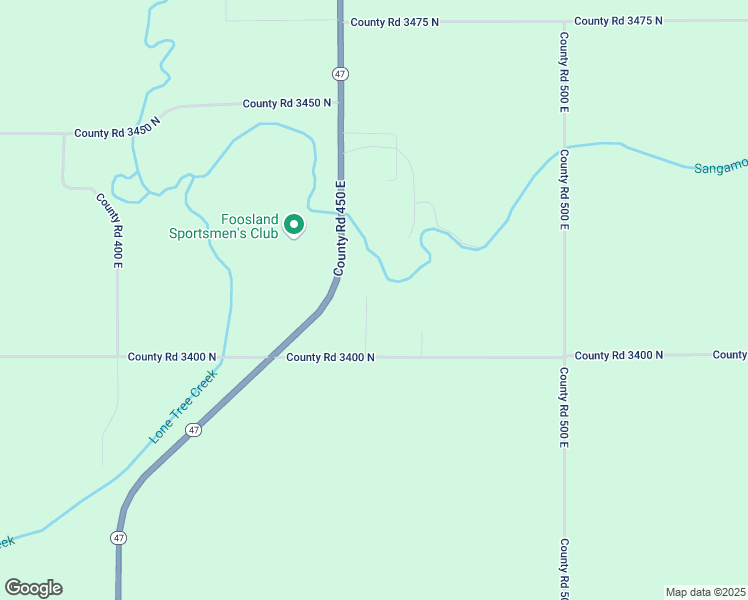 map of restaurants, bars, coffee shops, grocery stores, and more near 454 County Road 3400 North in Foosland