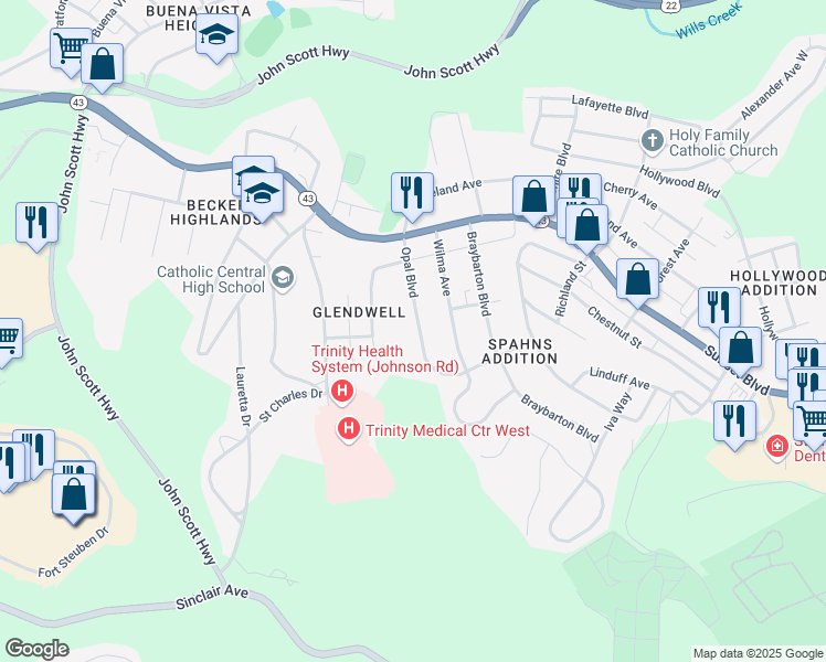 map of restaurants, bars, coffee shops, grocery stores, and more near 209 Opal Boulevard in Steubenville