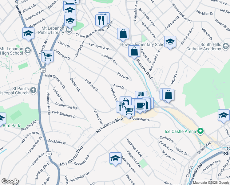 map of restaurants, bars, coffee shops, grocery stores, and more near 365 Jefferson Drive in Pittsburgh