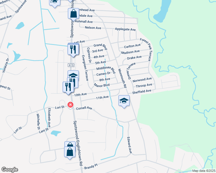 map of restaurants, bars, coffee shops, grocery stores, and more near 24 Manor Boulevard in Monroe Township