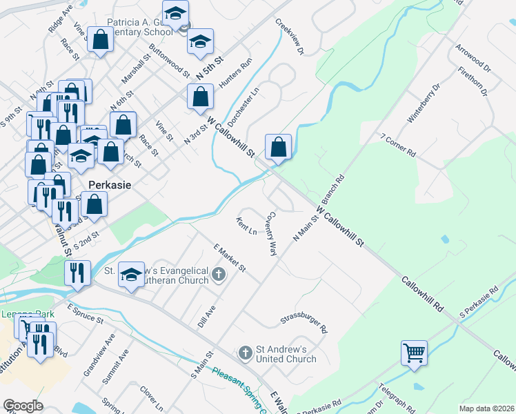 map of restaurants, bars, coffee shops, grocery stores, and more near 314 Kent Lane in Perkasie