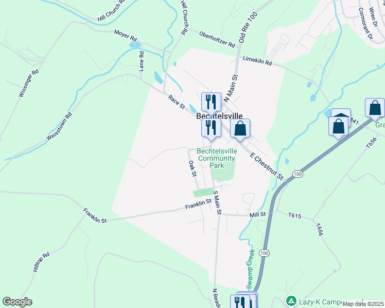 map of restaurants, bars, coffee shops, grocery stores, and more near 24 Cherry Street in Bechtelsville