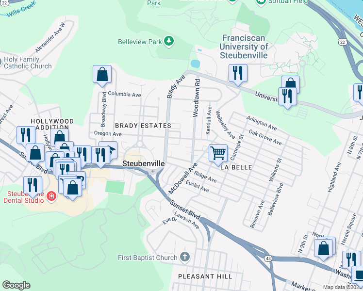map of restaurants, bars, coffee shops, grocery stores, and more near 514 La Belle Court in Steubenville