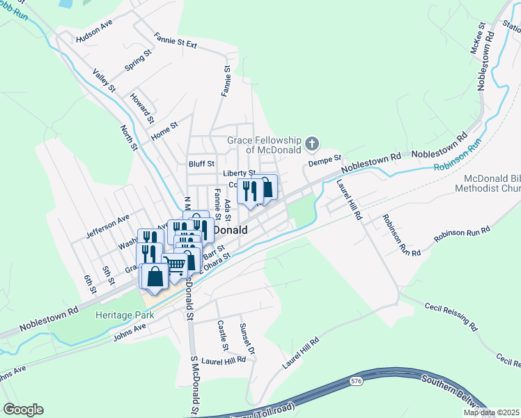 map of restaurants, bars, coffee shops, grocery stores, and more near 331 Noblestown Road in McDonald