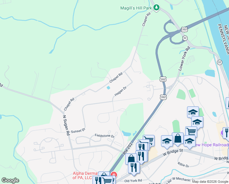 map of restaurants, bars, coffee shops, grocery stores, and more near 70 Hagan Drive in New Hope