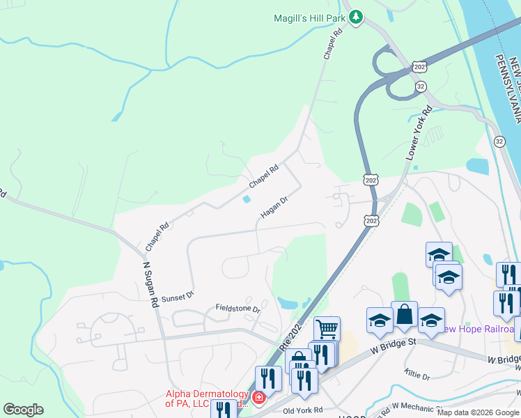 map of restaurants, bars, coffee shops, grocery stores, and more near 70 Hagan Drive in New Hope