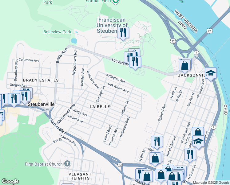 map of restaurants, bars, coffee shops, grocery stores, and more near 1301 Wellesley Avenue in Steubenville