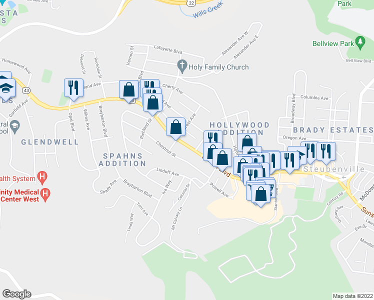 map of restaurants, bars, coffee shops, grocery stores, and more near 2404 Sunset Boulevard in Steubenville