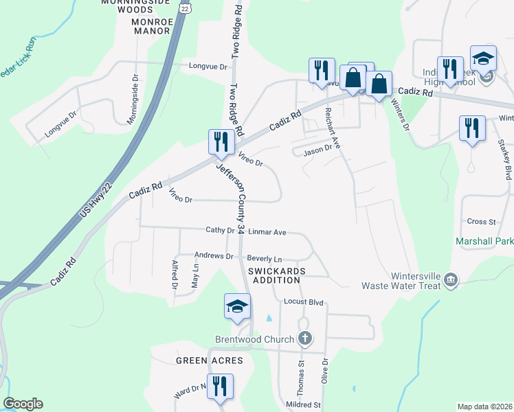 map of restaurants, bars, coffee shops, grocery stores, and more near 188 Vireo Drive in Steubenville