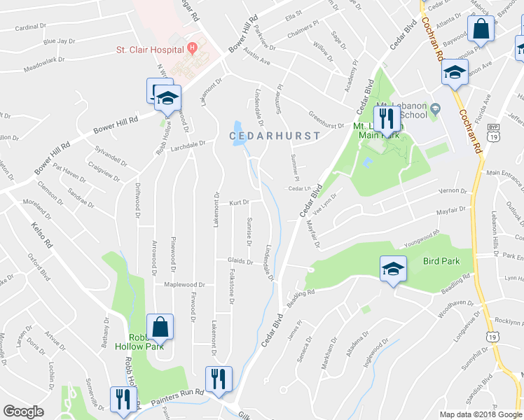 map of restaurants, bars, coffee shops, grocery stores, and more near 1104 Lindendale Drive in Pittsburgh
