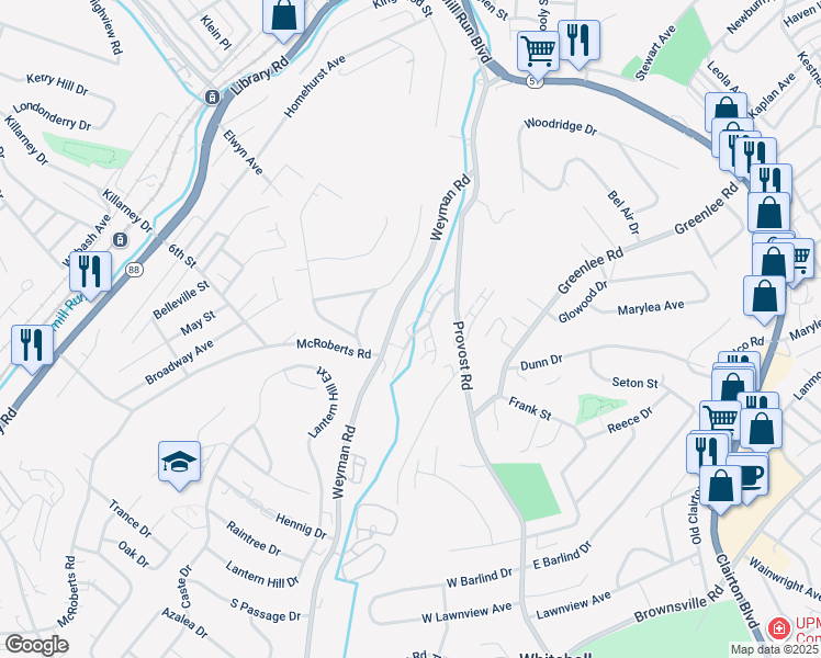 map of restaurants, bars, coffee shops, grocery stores, and more near 105 Shadowlawn Drive in Pittsburgh