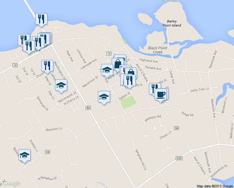 map of restaurants, bars, coffee shops, grocery stores, and more near 89 Forrest Avenue in Rumson