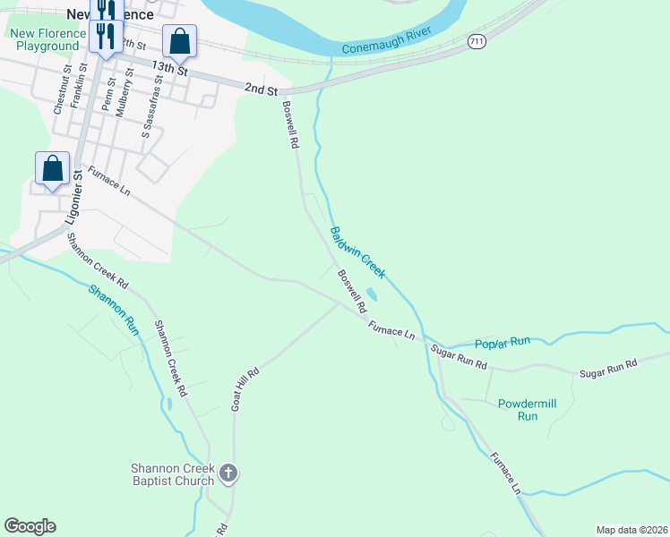 map of restaurants, bars, coffee shops, grocery stores, and more near 129 Boswell Rd in New Florence