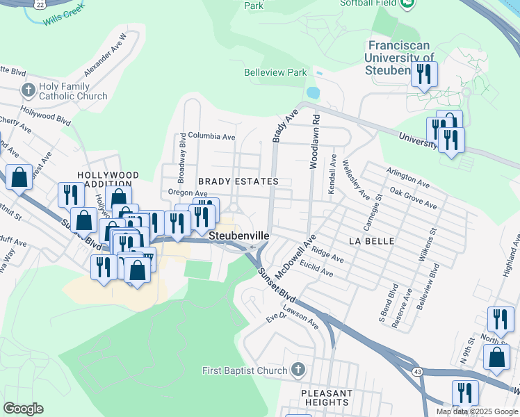 map of restaurants, bars, coffee shops, grocery stores, and more near 130 Brady Circle West in Steubenville