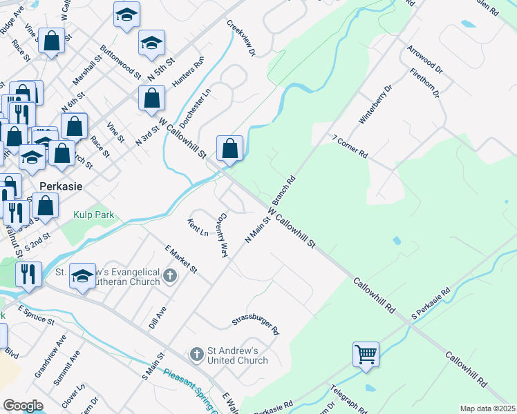 map of restaurants, bars, coffee shops, grocery stores, and more near 136 Strawberry Lane in Perkasie