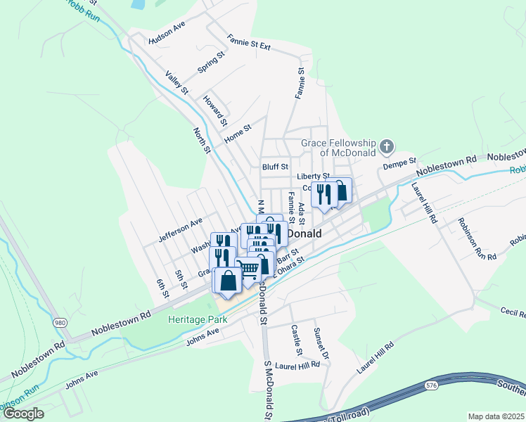 map of restaurants, bars, coffee shops, grocery stores, and more near 202 North McDonald Street in McDonald