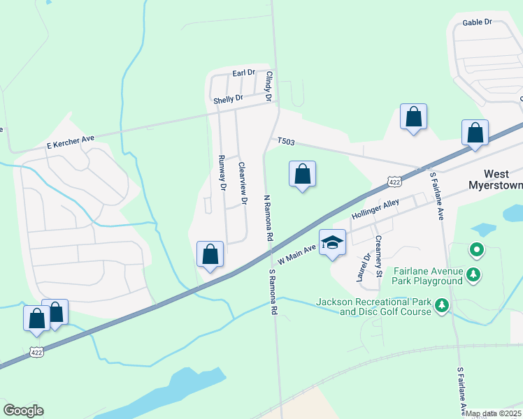 map of restaurants, bars, coffee shops, grocery stores, and more near 29 North Ramona Road in Myerstown