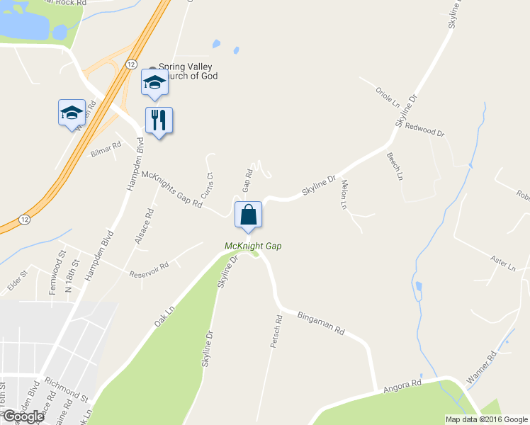 map of restaurants, bars, coffee shops, grocery stores, and more near 315 Skyline Drive in Reading