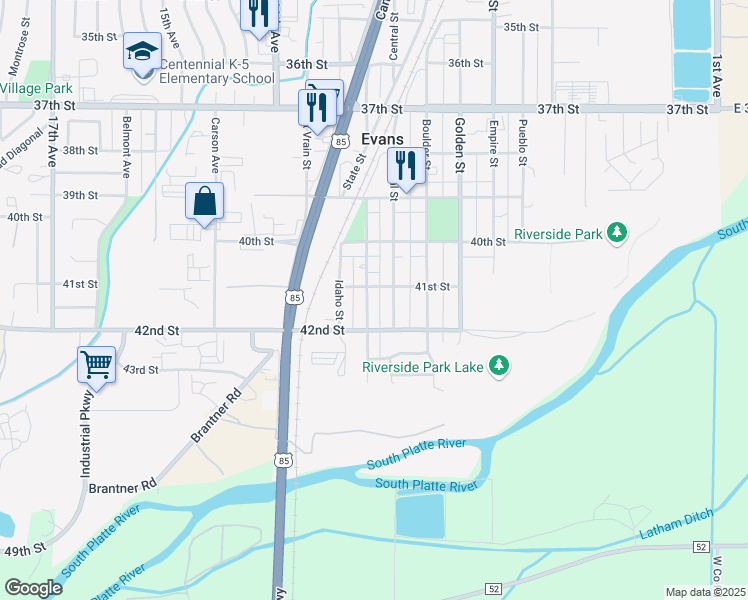 map of restaurants, bars, coffee shops, grocery stores, and more near 4106 Denver Street in Evans