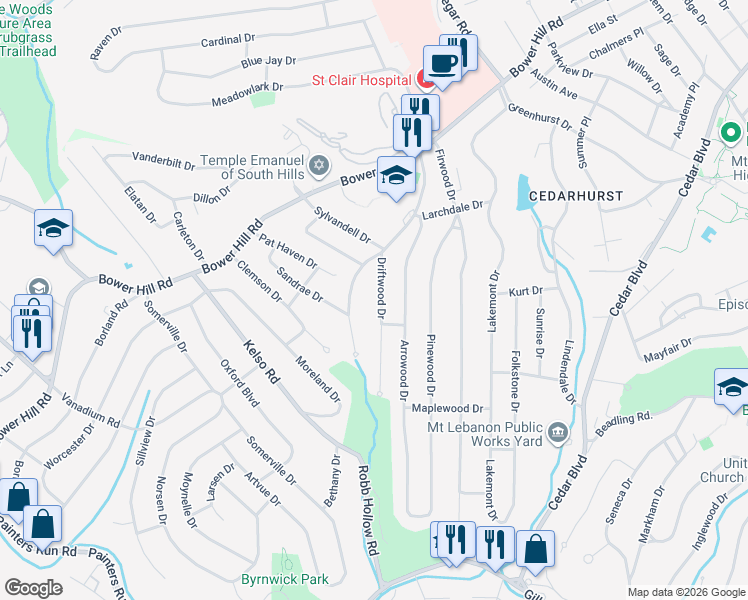 map of restaurants, bars, coffee shops, grocery stores, and more near 1154 Driftwood Drive in Pittsburgh